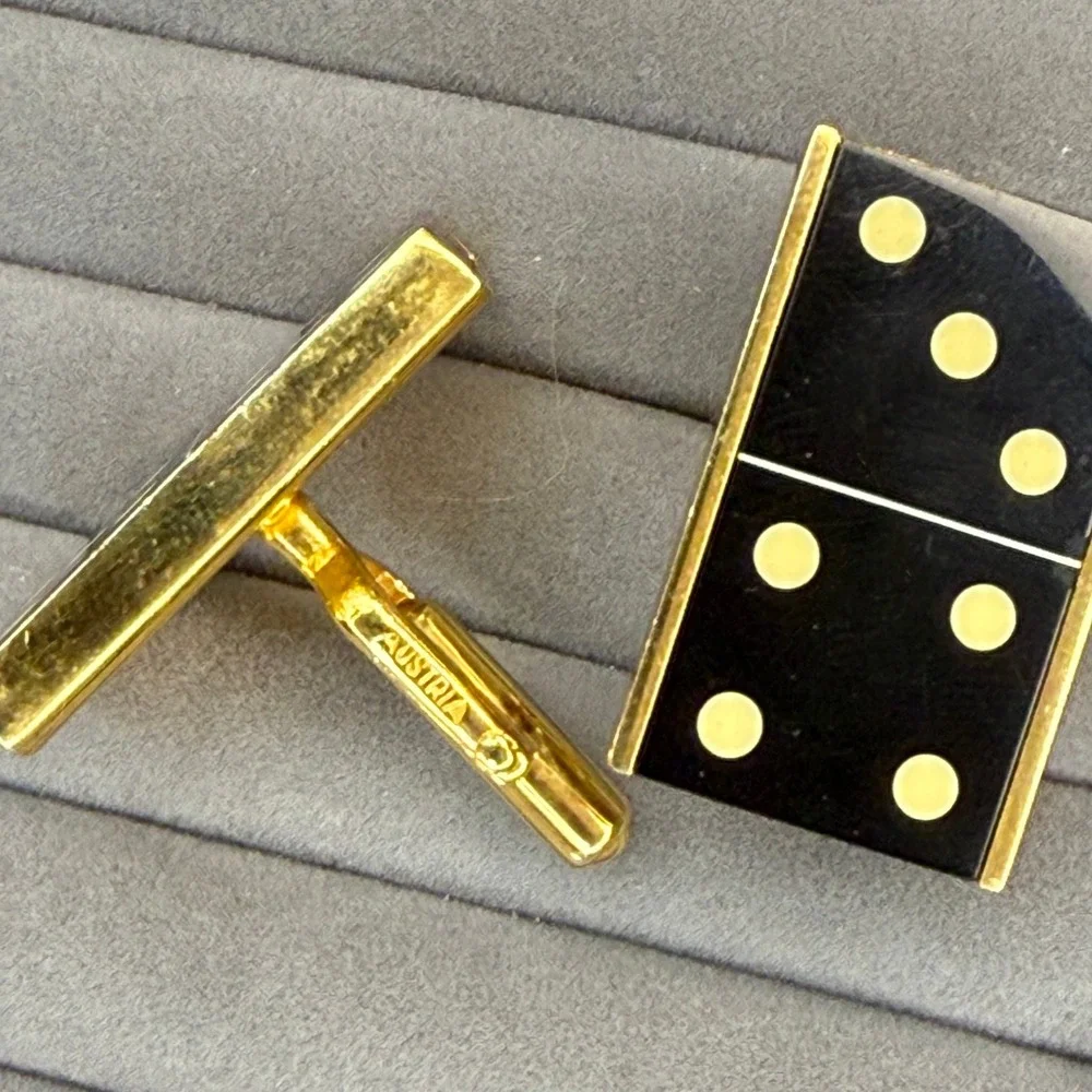 Vintage Austria Domino Cufflinks Black Gold Tone Novelty Game Tile Mens Jewelry